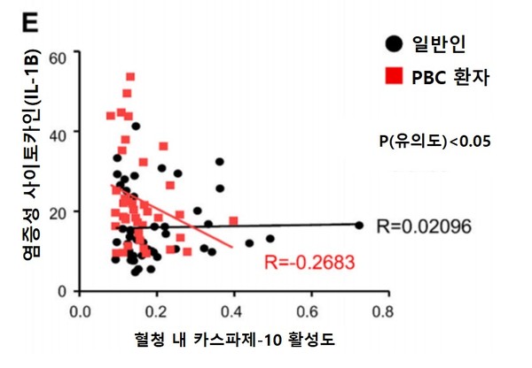 혈청 내 카스파제-10 활성도와 염증성 사이토카인 사이에는 역상관관계가 존재한다. PBC 환자의 카스파제-10 활성 감소는 염증성 사이토카인의 상향 조절에 기인할 수 있음을 나타낸다.