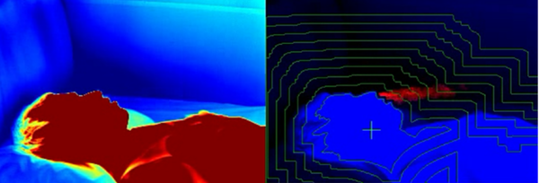 적외선 카메라로 촬영한 이미지(왼쪽)과 이를 비접촉식 적외선 가스 영상 시스템에 적용한 호흡 기류 이미지(오른쪽).