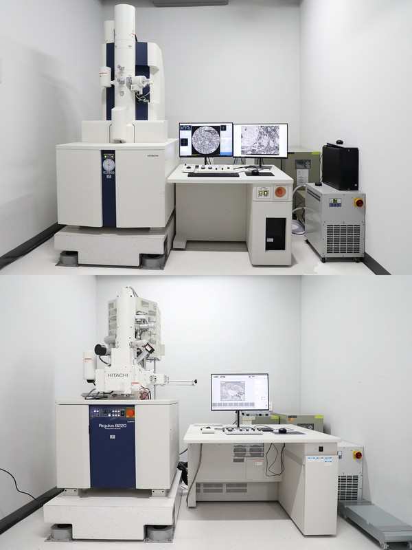 (사진 위)투과형 전자현미경(Transmission Electron Microscopy, TEM), 전계방출형 주사형 전자현미경(Field Emission Scanning Electron Microscopy, FE-SEM)