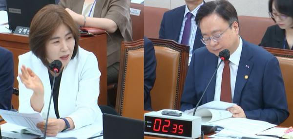 6월 22일 국회 보건복지위원회 전체회의에서 국민의힘 김미애 의원이 조홍규 보건복지부장관에게 '출생통보제'와 관련해 질의를 하고 있다.