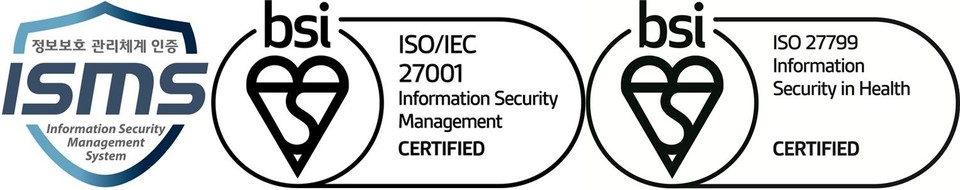 사진 왼쪽부터 정보보호 관리체계(ISMS), 정보보호 경영시스템(ISO 27001), 의료정보 보호시스템(ISO 27799) 인증 엠블럼