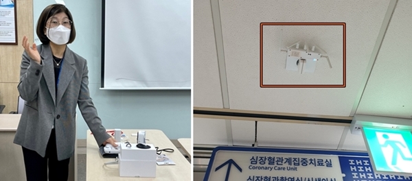 건보공단 일산병원 박민현 스마트병원혁신부장(왼쪽)과 병원 곳곳에 설치된 비콘 기기.