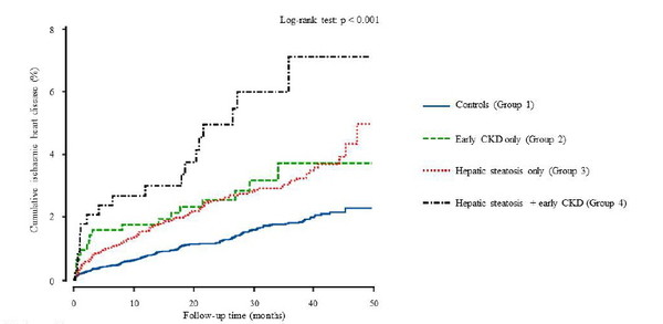 초기 만성콩팥병과 지방간이 함께 있는 군(Group 4)은 정상군(Group 1)을 포함한 다른 군보다 허혈성 심장질환 누적발생률이 추적 관찰 기간(50개월) 내내 유의미하게 높은 것으로 나타났다.
