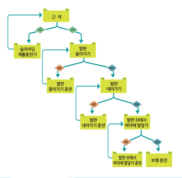 정상 보행을 회복하기 위한 경북대학교병원 (과제 지향적) 보행 훈련 단계- 먼저 하지 근력을 키우고, 발판 올라가기, 발판 내려가기, 발판 위에서 아래로 발 닿기를 차례로 훈련한다. 발판 위에서 아래로 발 닿기가 가능해지면 실제 보행 훈련을 실시한다. 이러한 방법으로 쉽게 보행 훈련을 할 수 있고 정상적인 형태의 보행 기능을 회복할 수 있다.