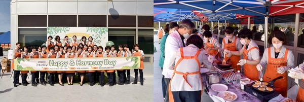 2023년 간호사의 날 ‘Happy & Harmony Day’ 행사를 준비한 간호부 관리자들 모습(사진 왼쪽), 2023년 간호사의 날 ‘Happy & Harmony Day’ 행사를 준비한 간호부 관리자들이 직원들을 위한 음식을 만들고 나눠주고 있다.(사진 오른쪽)